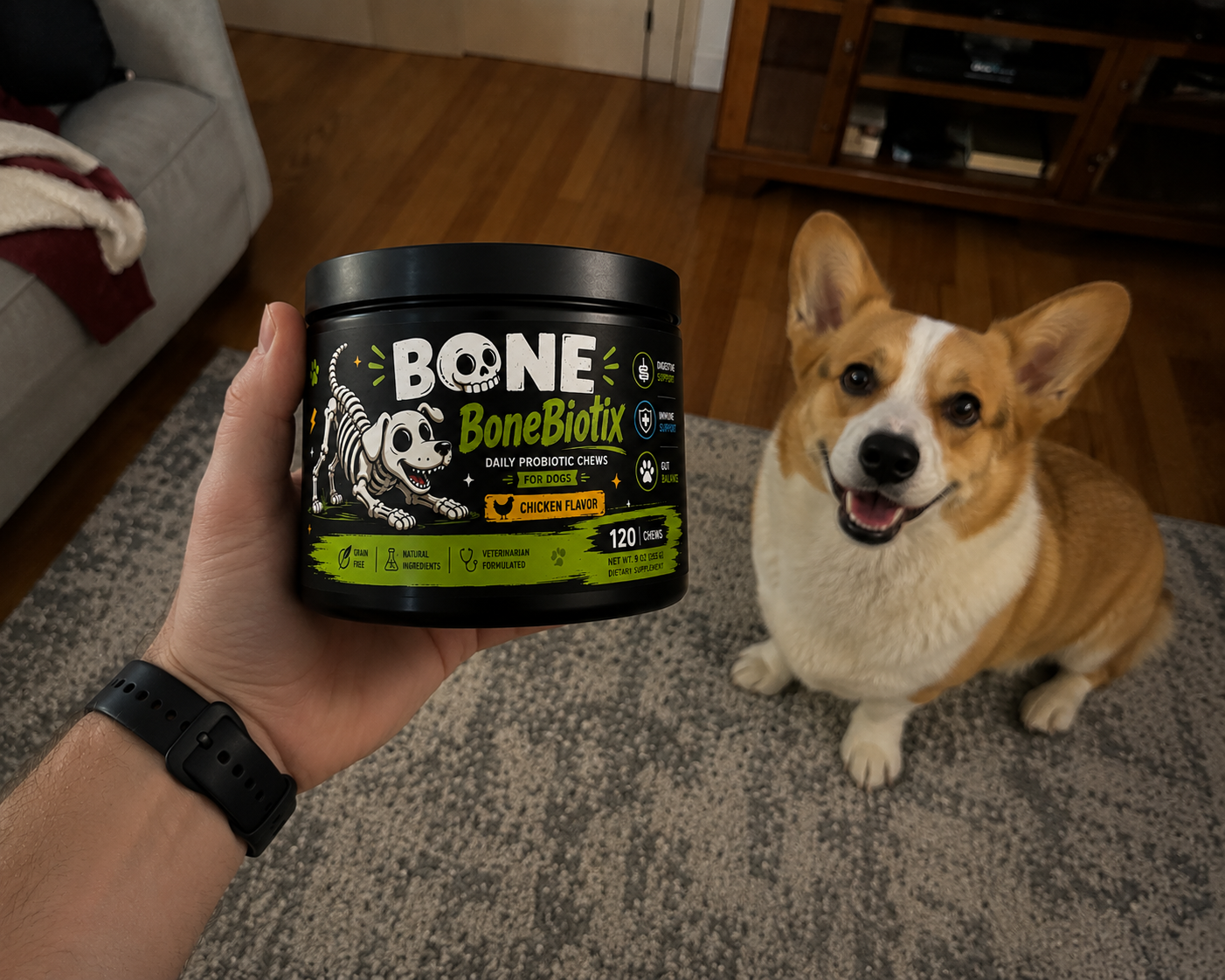 Corgi excited for BoneBiotix