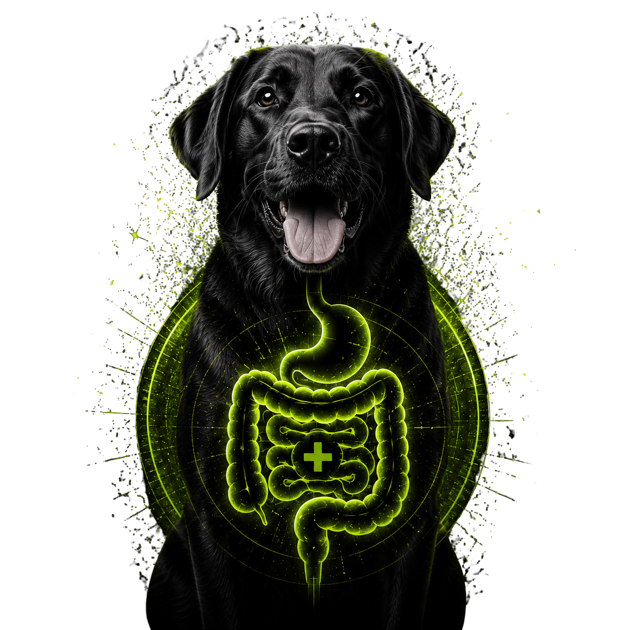 Dog with glowing digestive system visualization