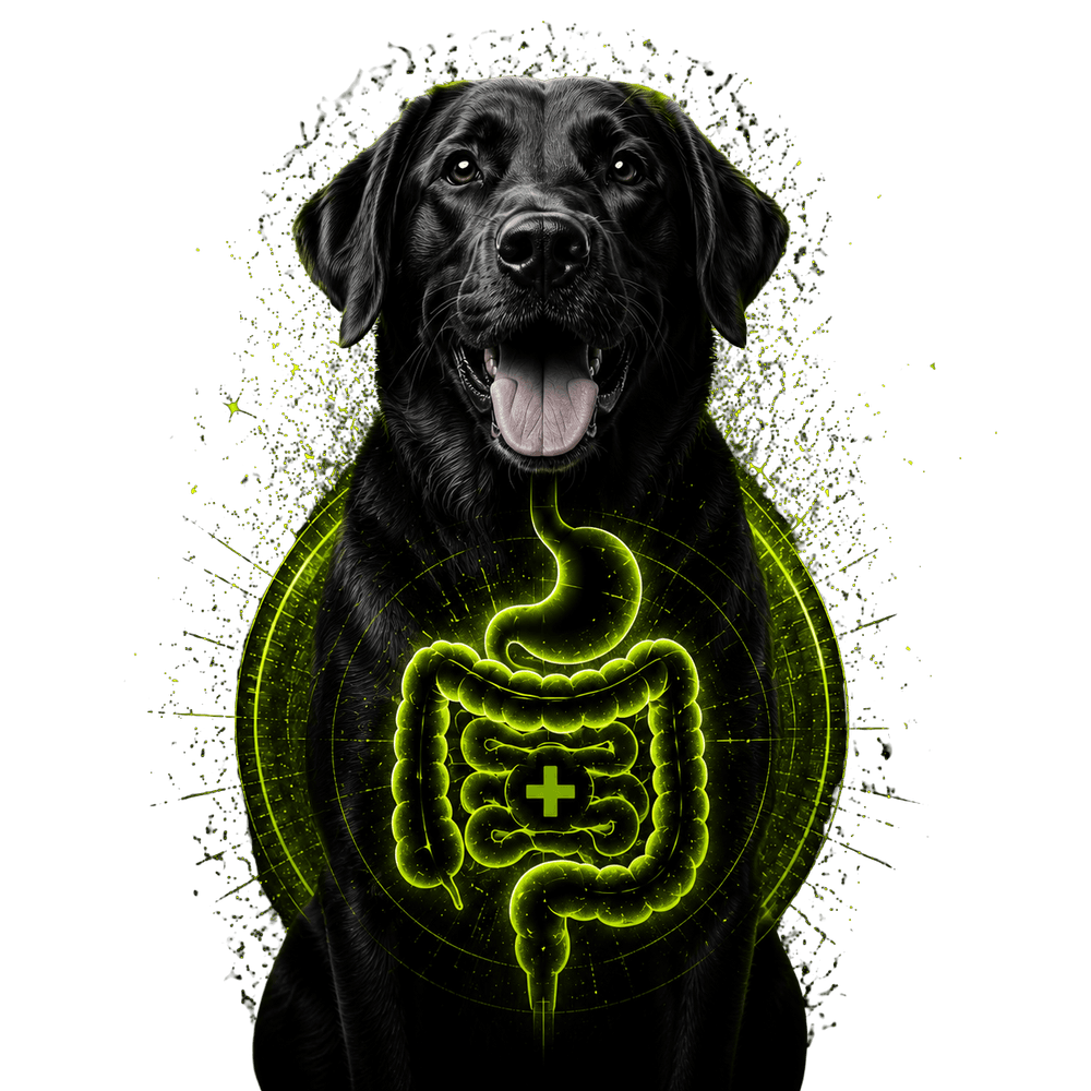 Dog with glowing digestive system visualization